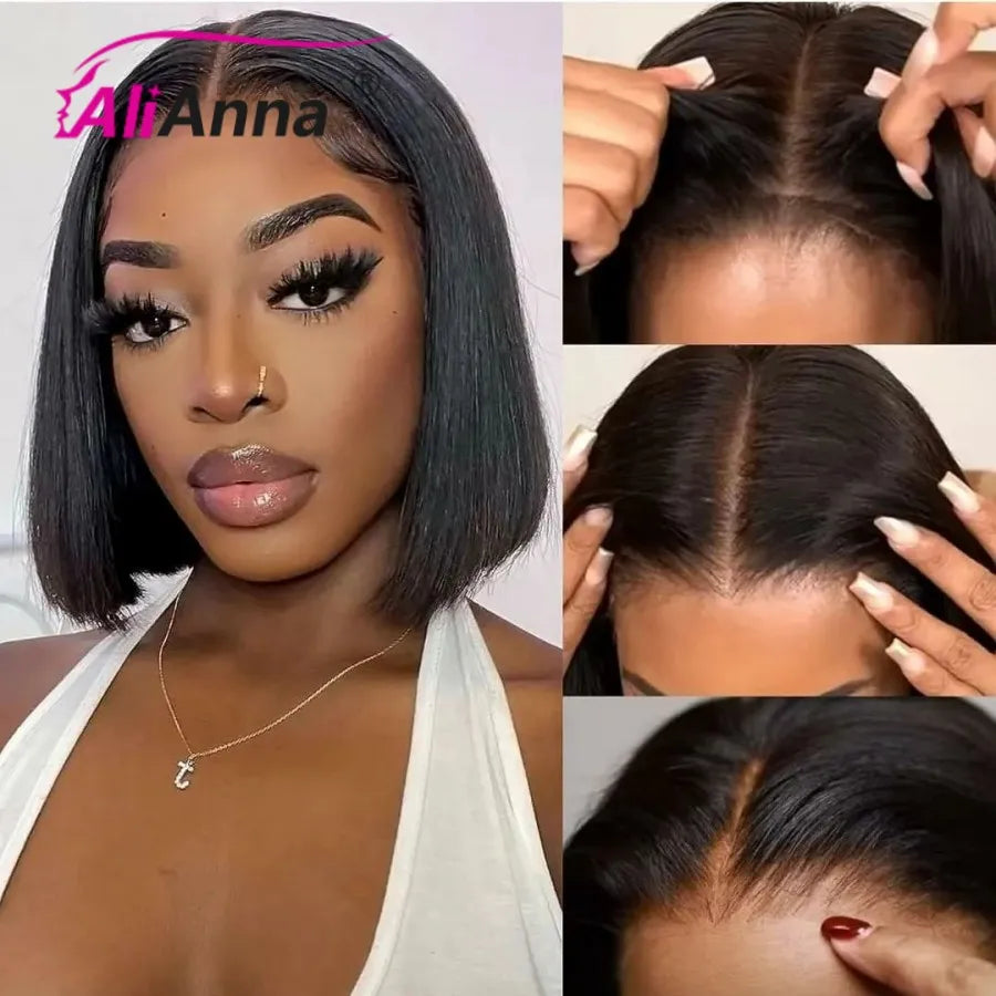 Straight Glueless Wig Human Hair Ready To Wear Short Bob Wigs For Women Transparent Pre Cut Human Hair Wigs Bleached Bye Bye Knots Natural Hairline 100% Human Hair Wigs For Women No Glue Cheap Wigs On Clearance Alianna 4x4 La