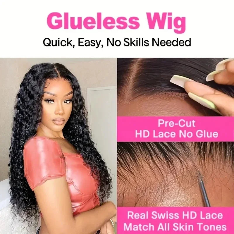 Deep Wave Glueless Wig Human Hair Ready To Wear And Go PrePlucked For Women Precut 13x6 Hd Frontal Curly Lace Front Wigs 200%