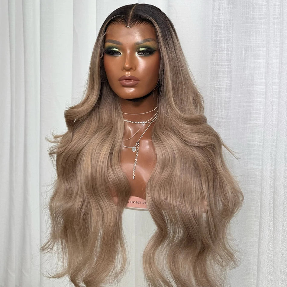 Premium Professional Toned Dark Roots Ash Blonde Mixed Dirty Blonde 13x6 HD Lace Front Human Hair Wigs Colored Lace Frontal Wigs