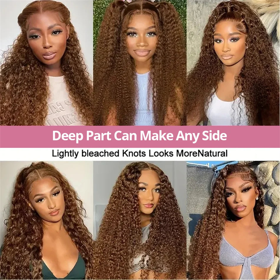 HD 13x4 Kinky Curly Chocolate Brown Lace Front Human Hair Wigs Pre Plucked Colored 13x6 Deep Wave Transparent Lace Frontal Wig