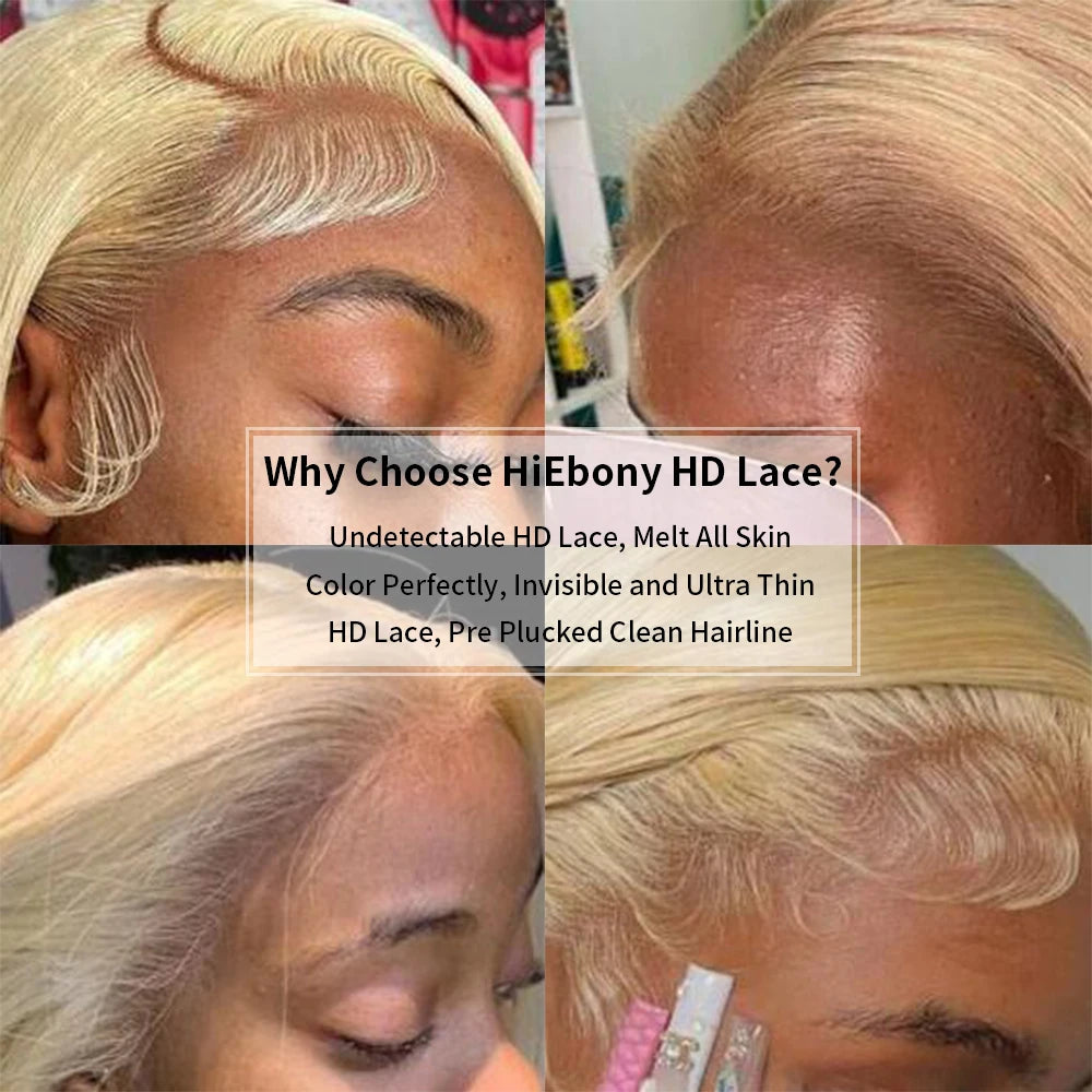 HiEbony Hair 613 Blonde HD Lace Frontal Wigs Straight/Body Wave 250% Density 5x5 6x6 HD Lace Closure Wigs Skin Melt HD Lace Wigs