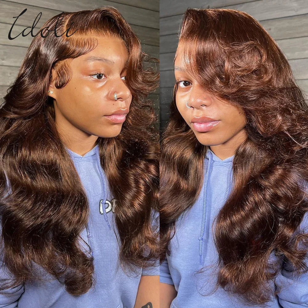 Idoli 13x6 Chocolate Brown Body Wave Lace Front Wig Transparent Lace Frontal Wig Human Hair Preplucked Colored Human Hair Wigs
