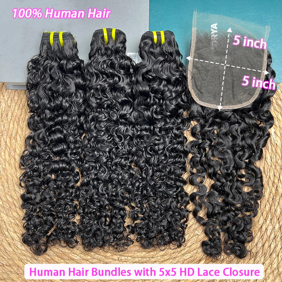 Burmese Curly Bundles With 5x5 HD Transparent Lace Closure 100% Human Hair #1B Natural Color Raw Virgin Hair Weave Extensions