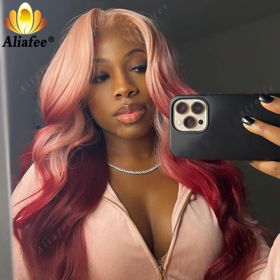 Pink Ombre Red Lace Front Wig Human Hair 13X4 Body Wave Wig HD Transparent Lace Body Wave Wig Colored Virgin Hair Wigs For Women