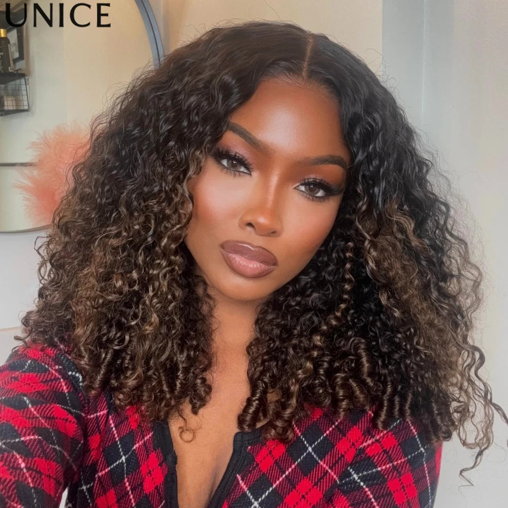 UNice 7x5 Bye Bye Slip™ Glueless Lace Chestnut Brown OmbBurmese Curly Human Hair Wigs With Finger Coil Ends & Drawstring