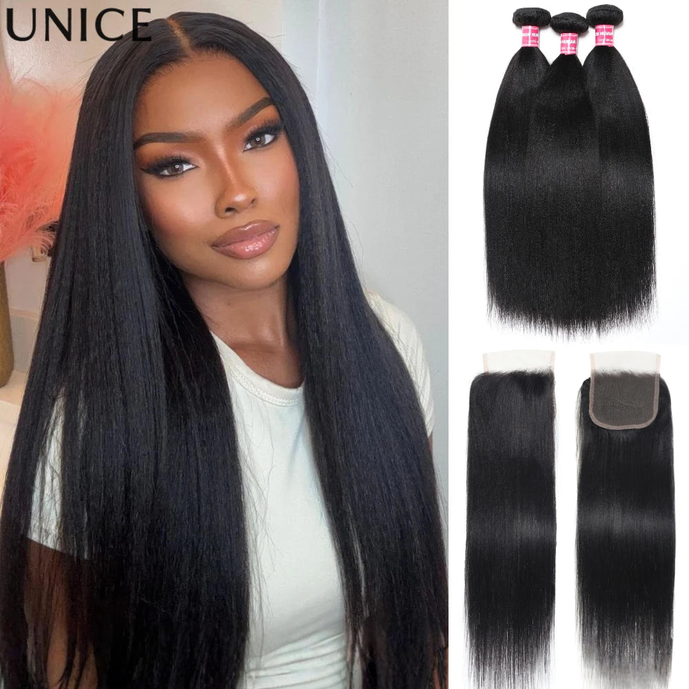 UNice Hair Yaki Straight  Human Hair Bundles 2/3/4 PCS With 1PC Free Part 4x4 Inch Lace Closure