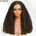 UNice 7x5 Bye Bye Slip™ Glueless Lace Chestnut Brown OmbBurmese Curly Human Hair Wigs With Finger Coil Ends & Drawstring