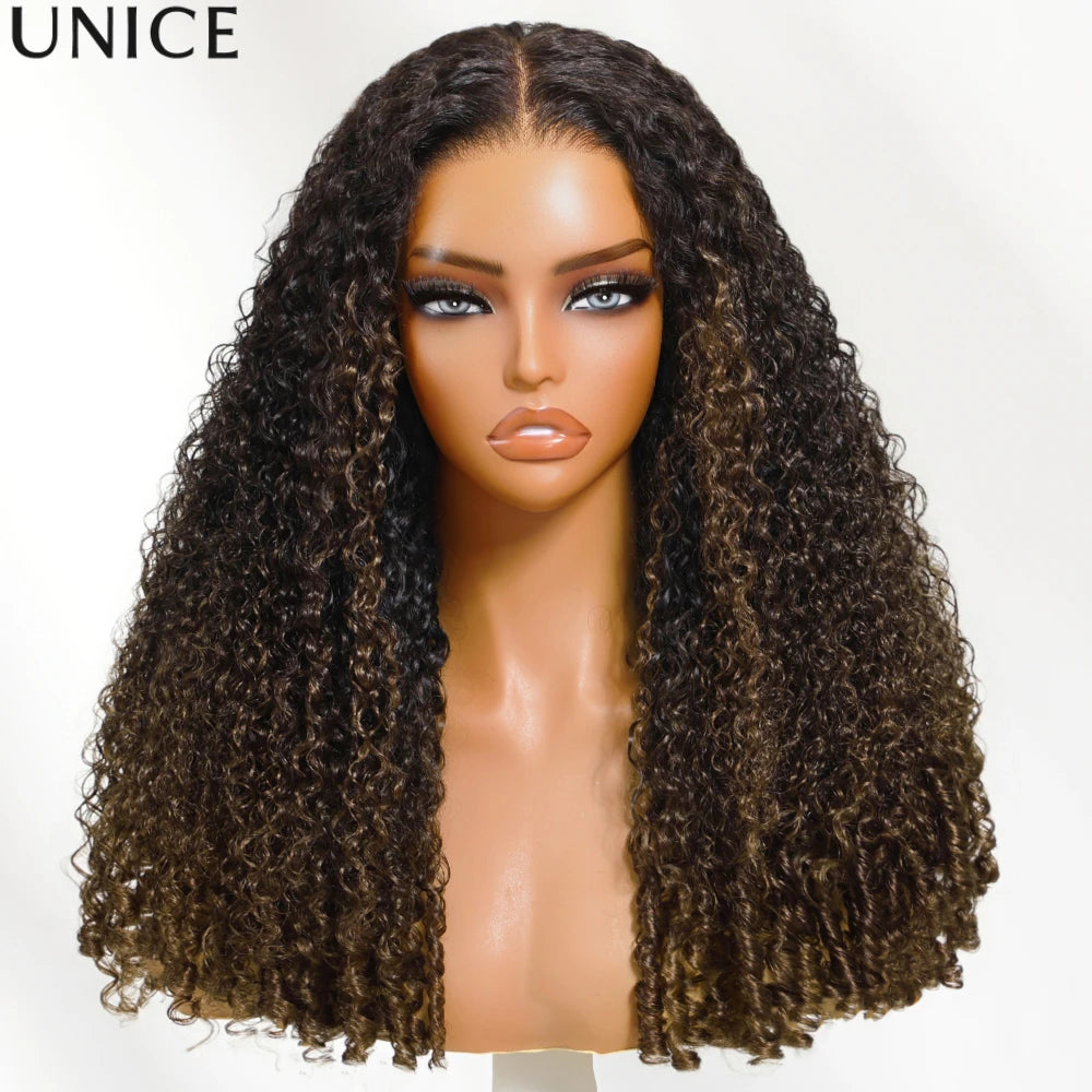 UNice 7x5 Bye Bye Slip™ Glueless Lace Chestnut Brown OmbBurmese Curly Human Hair Wigs With Finger Coil Ends & Drawstring