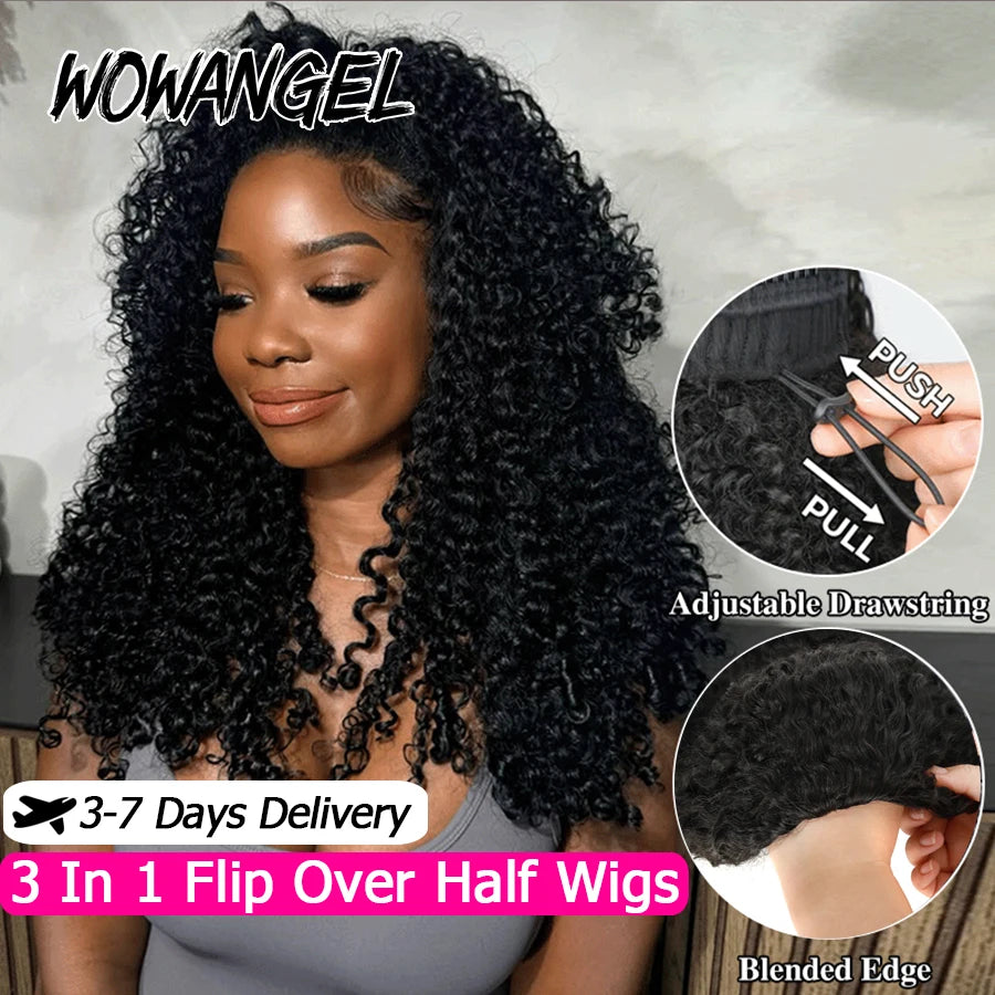 Burmese Curly Half Wigs Human Hair Wear Go Glueless Wig 3 IN 1 Half Wig With Invisible Drawstring Full Curly Head Band Wigs