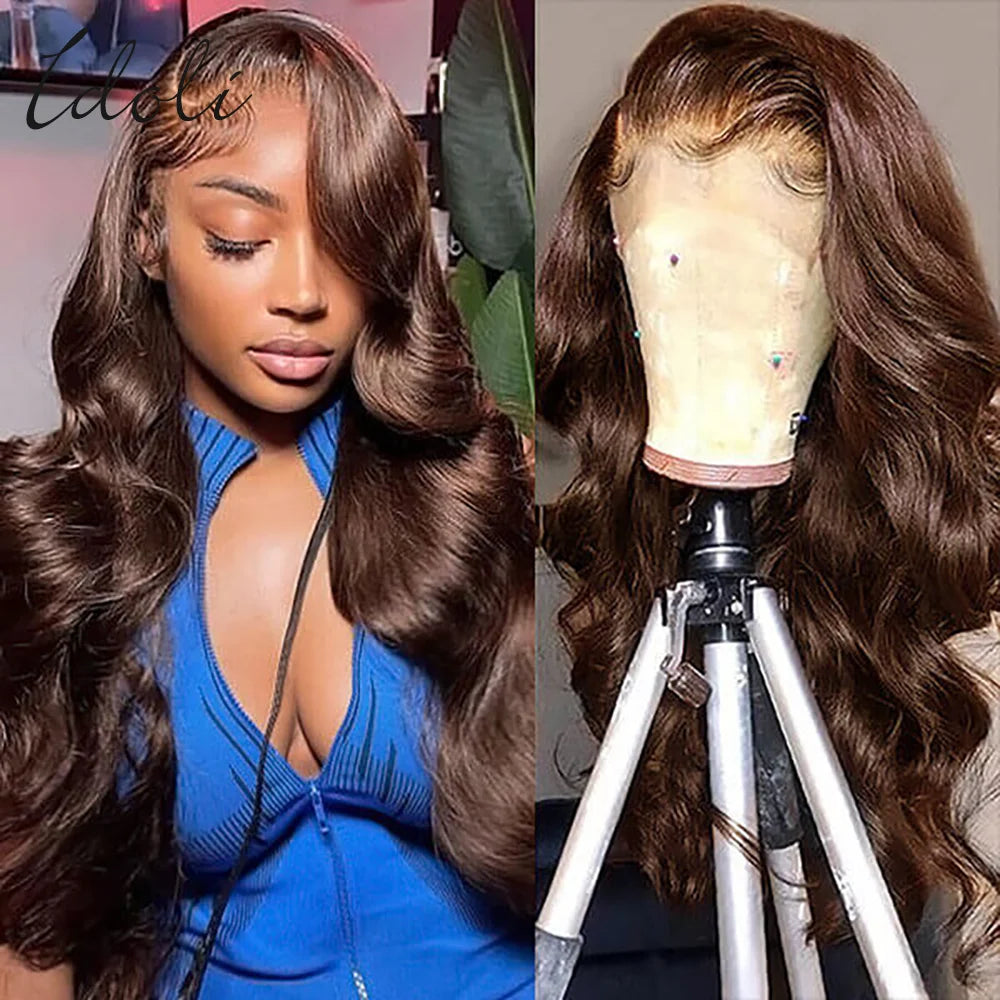 Idoli 13x6 Chocolate Brown Body Wave Lace Front Wig Transparent Lace Frontal Wig Human Hair Preplucked Colored Human Hair Wigs