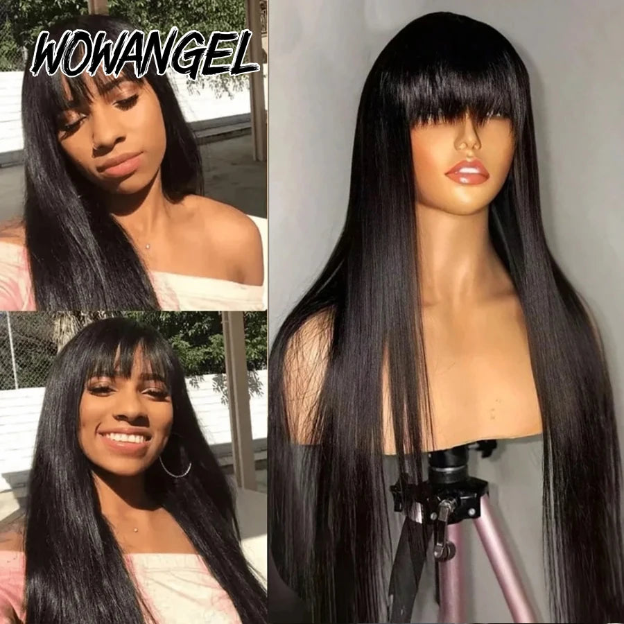 Straight Human Hair Wigs With Bangs 5x5 HD Lace Closure Wigs Human Hair Pre Plucked Glueless Wigs With Natural Scalp For Women