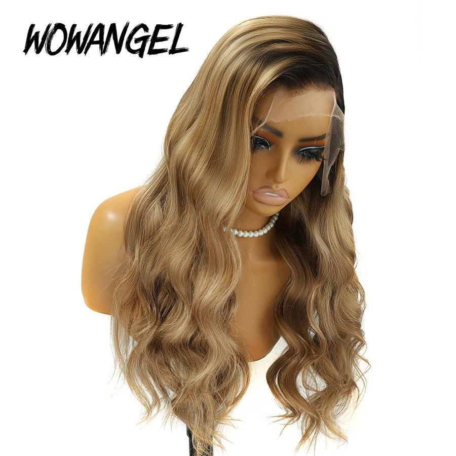 WOWANGEL Honey Blonde Balayage Body Wave Lace Front Wigs Dark Root Ombre Human Hair Wigs 13x6 HD Lace Glueless Wigs Pre Plucked
