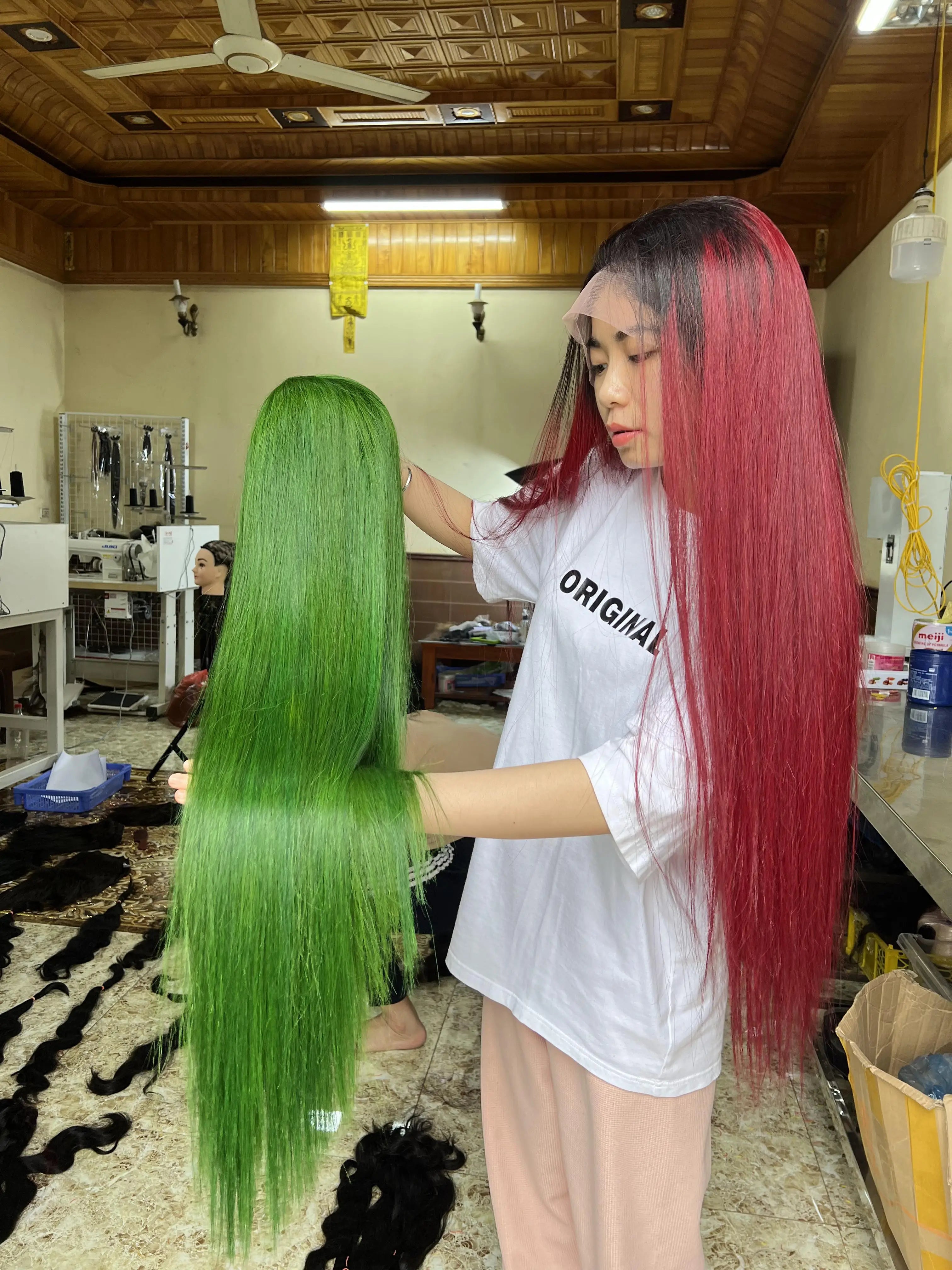 2024 Whosale Raw Vietnamese Human Hair Green Straight Glueless Full HD Transparent Wigs Training Heads Black Women
