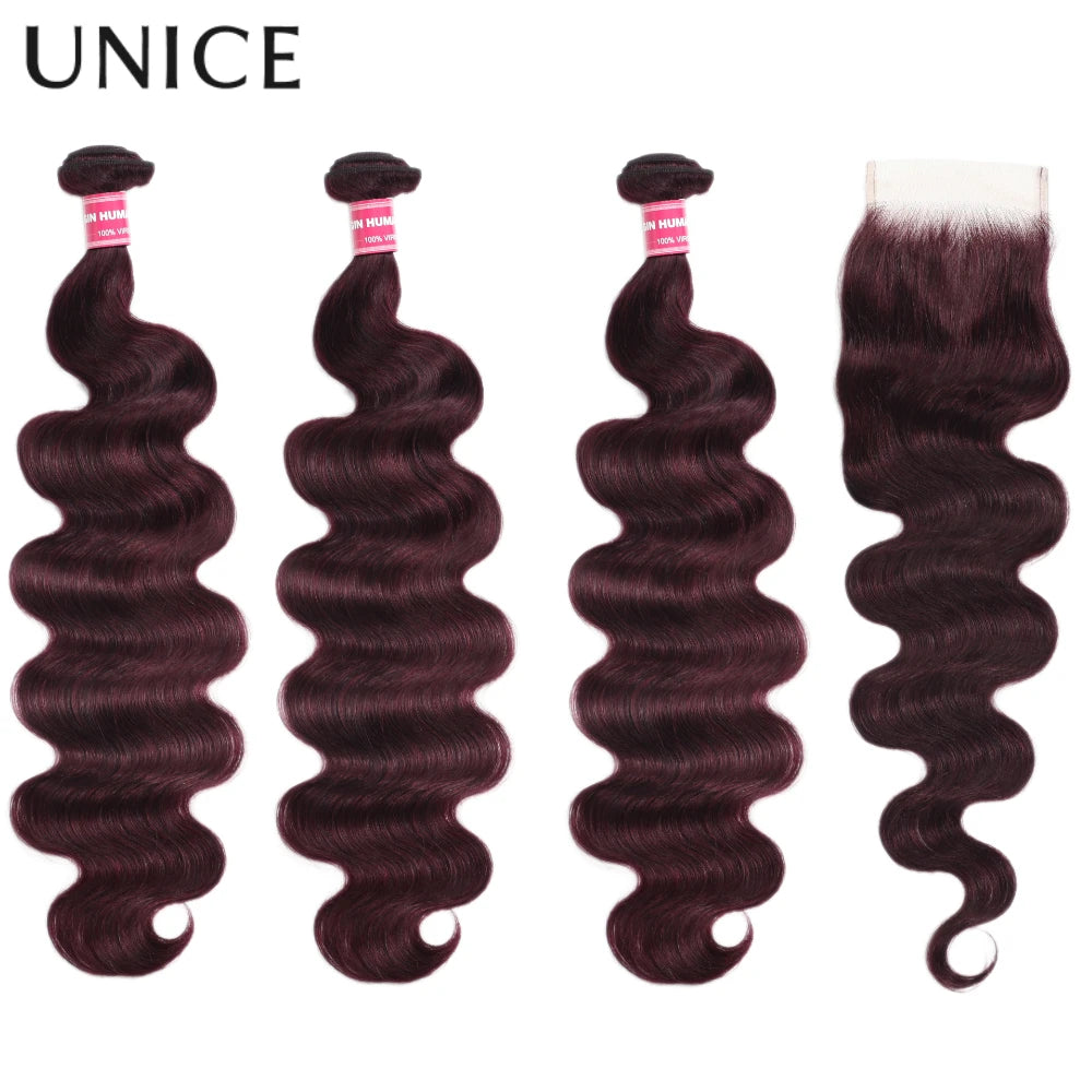UNice Black Cherry Body Wave Bundles 2/3/4 PCS With 1PC 4x4 Inch Lace Closure Pre Colored 100% Human Hair Bundles With Closure