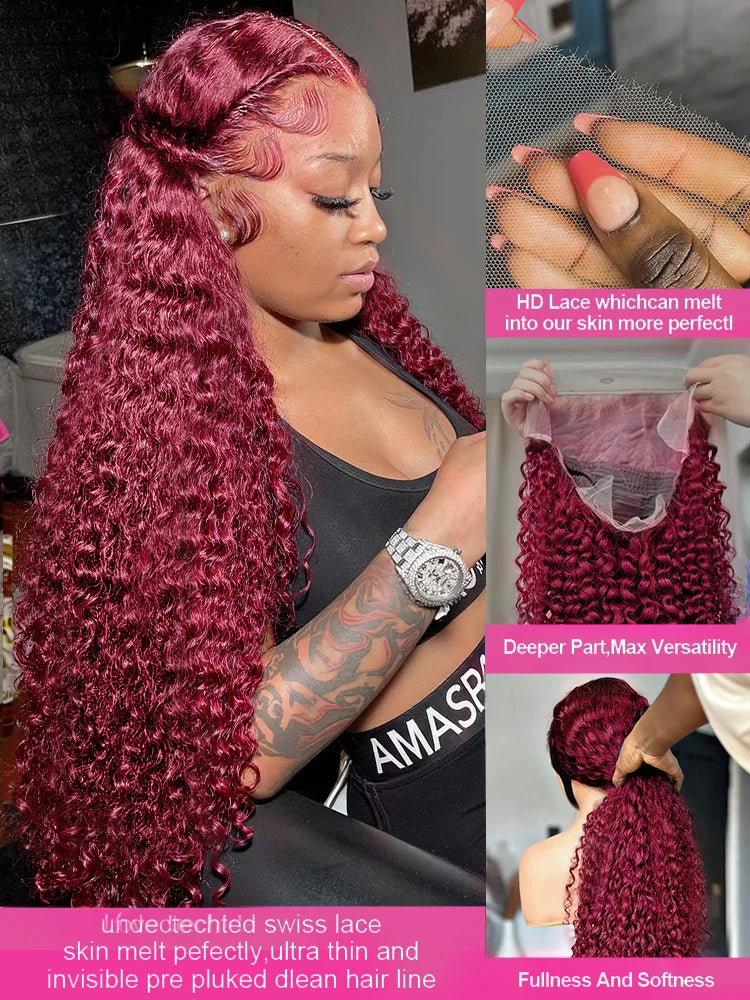 250 Density Human Hair 40 Inch 99J Burgundy Deep Wave 13x4 Lace Frontal Wig Red Wine Water Curly 13x6 HD Lace Front Wigs