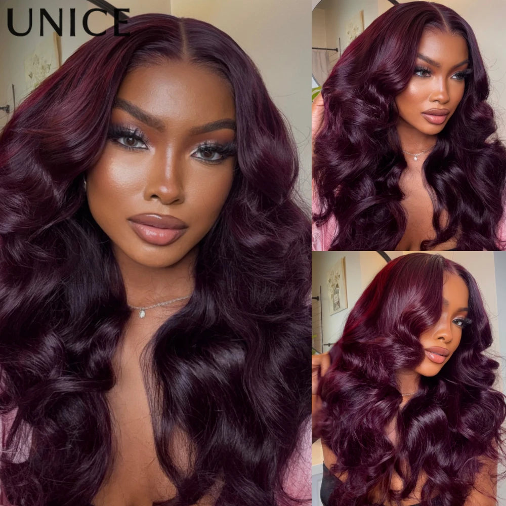 UNice Black Cherry Body Wave Bundles 2/3/4 PCS With 1PC 4x4 Inch Lace Closure Pre Colored 100% Human Hair Bundles With Closure