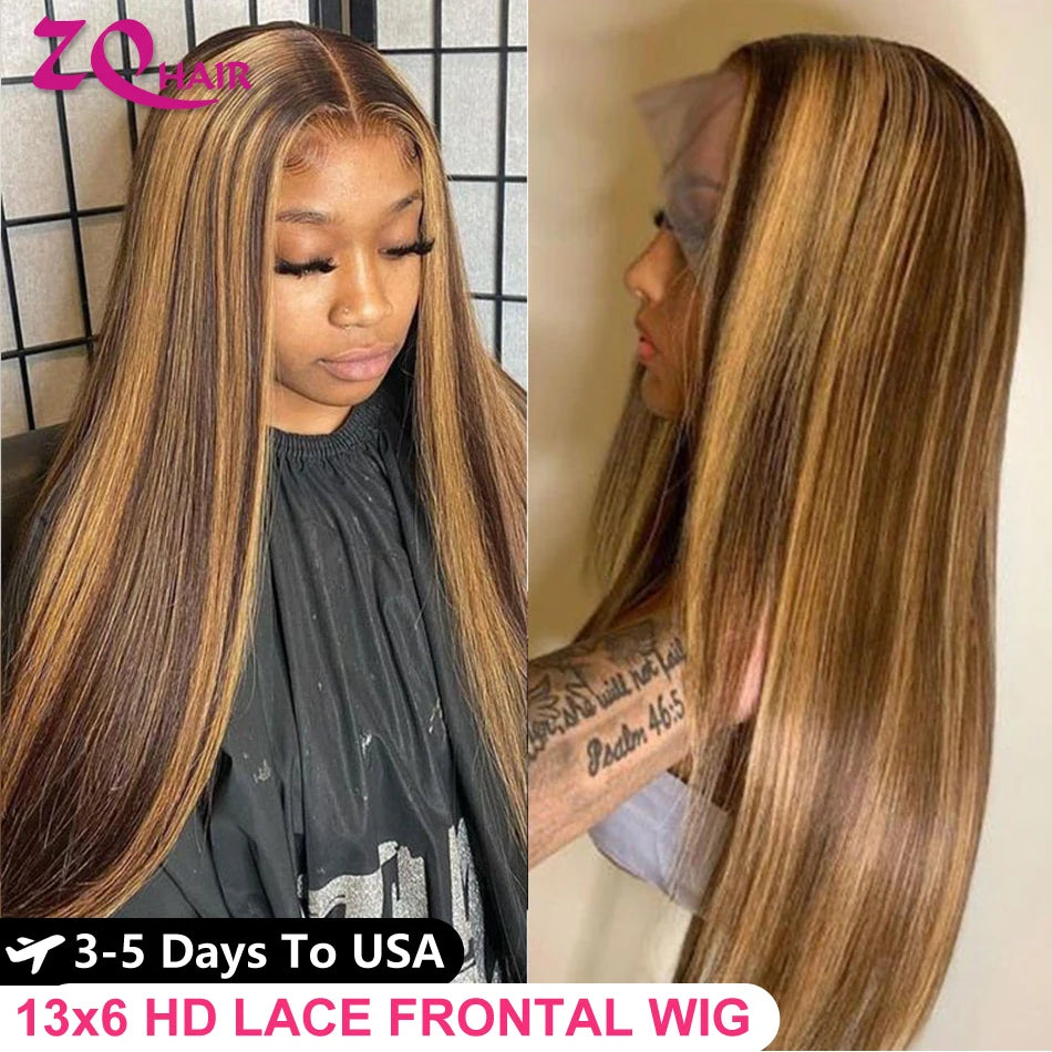 Highlight Wig Human Hair Wigs Bone Straight 13x6 HD Lace Frontal Wigs Human Hair 4/27 Ombre Honey Blonde 13x4 HD Lace Front Wig