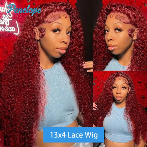 200% Density 99J 13x4 HD Lace Front Human Hair Wigs Burgundy 30 40 Inch Deep Wave Curly Glueless Lace Frontal Closure Wigs