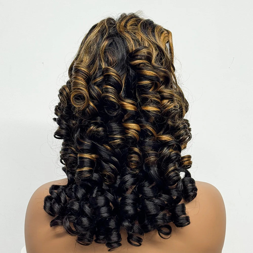 300% Density 4x4 Transparent Lace Closure Loose Bouncy Wave Wavy Curly Human Hair Wig for Black Women Highlight Color