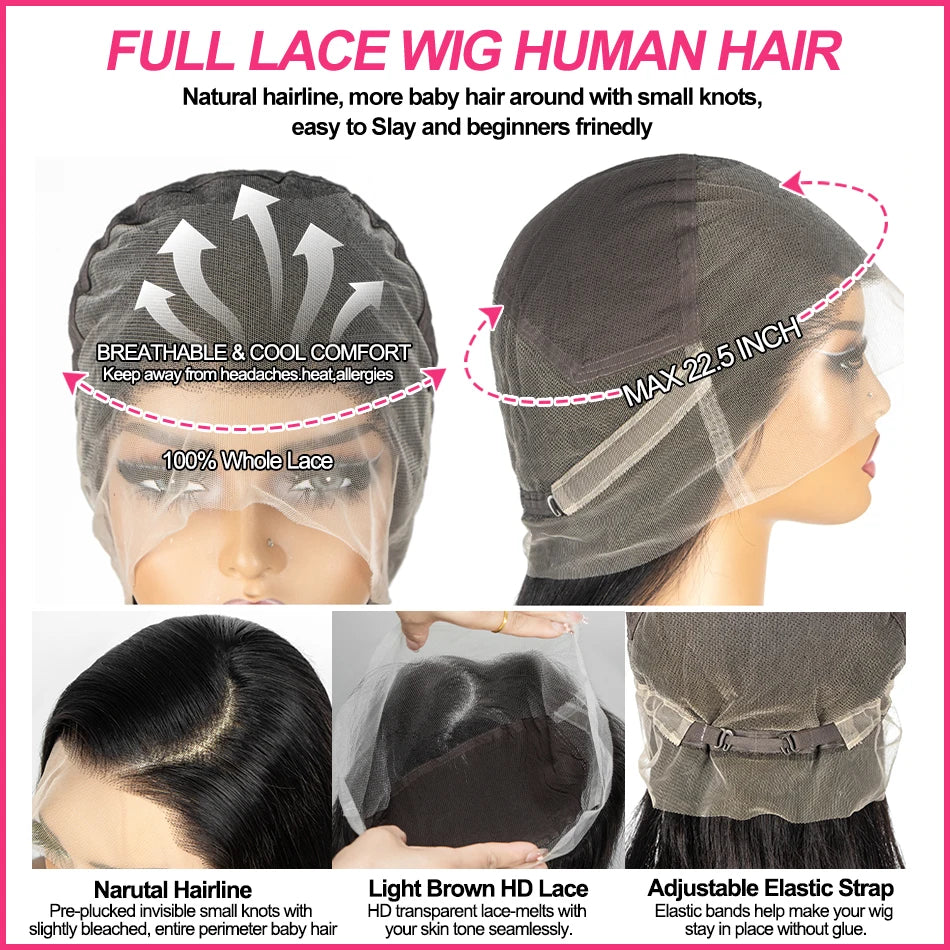 Real Full Lace Wig Human Hair for Women 250% Brazilian Bone Straight HD Full Lace Frontal Wig Ready To Wear Preplucked For Women
