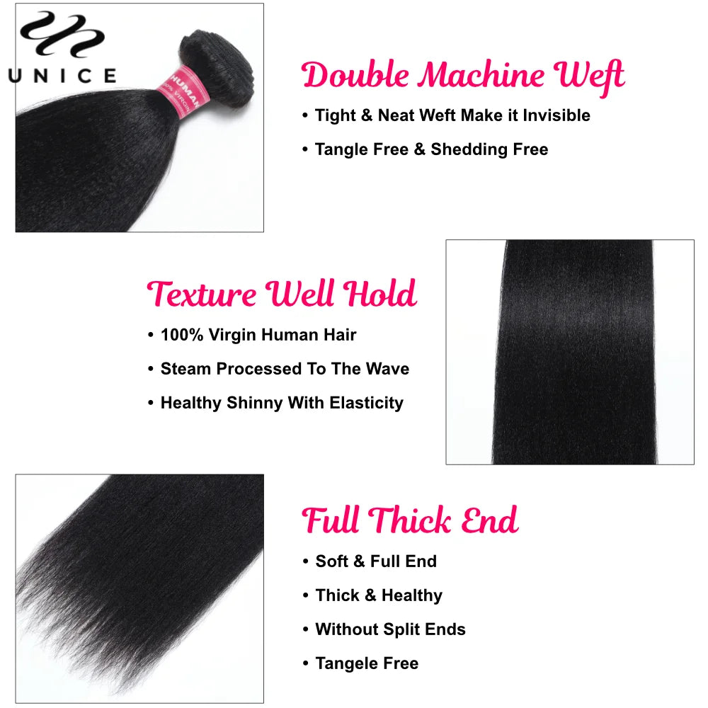 UNice Hair Yaki Straight  Human Hair Bundles 2/3/4 PCS With 1PC Free Part 4x4 Inch Lace Closure