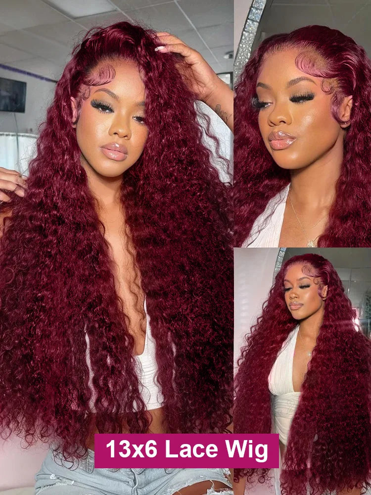 250 Density Human Hair 40 Inch 99J Burgundy Deep Wave 13x4 Lace Frontal Wig Red Wine Water Curly 13x6 HD Lace Front Wigs