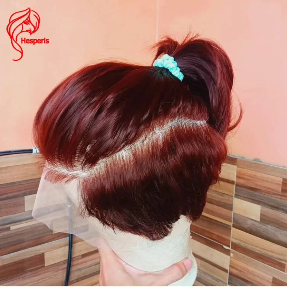 Hesperis Pre Color Hair Full Lace Human HairWigs For Men Pre Cut Male Hair Reddish Brown Transparent Lace Wig Mens Short Cut