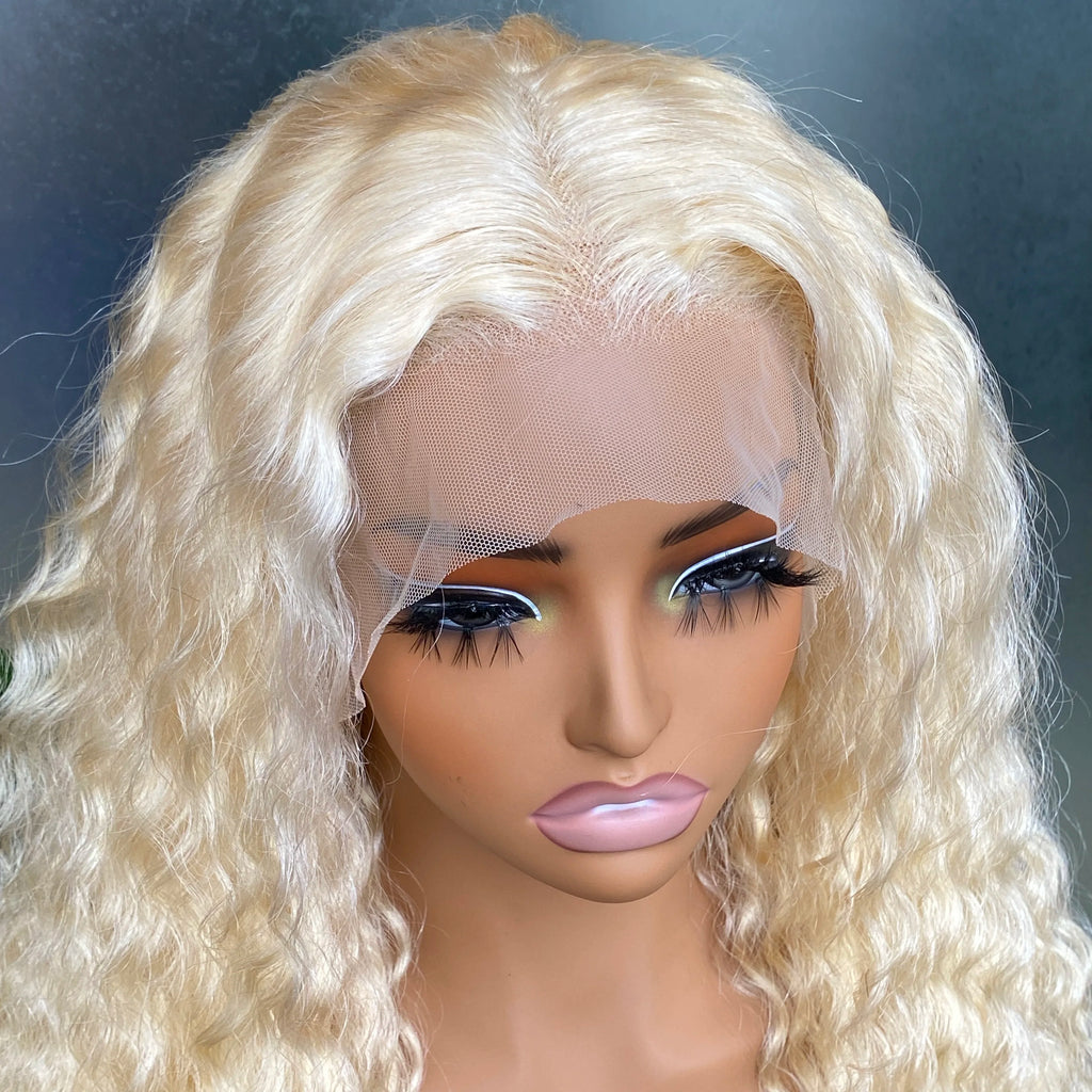613 Blonde Color Deep Wave 13x4 Transparent Lace Frontal Wig Human Hair with Natural Hairline