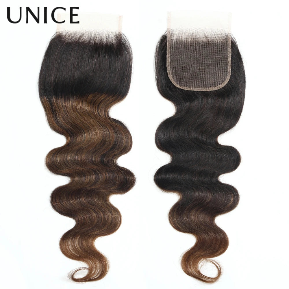 UNice Chestnut Brown Ombre Body Wave Bundles With Closure 100% Human Hair 3 Bundles With 4x4 Lace Closure Make 250% Density Wig
