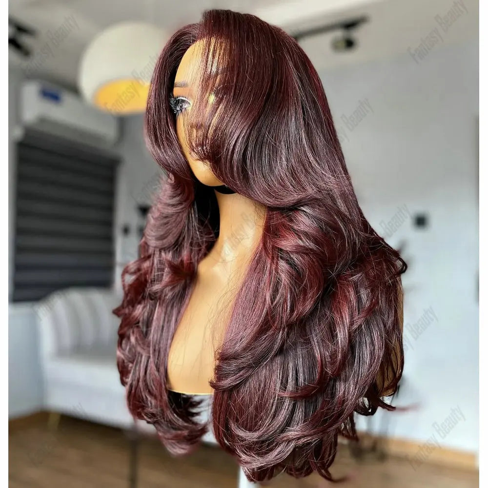 Burgundy red Long Natural Straight Remy Indian Human Hair 5x5HD Lace Wigs for Black Women Glueless PrePlucked 360 Lace Front Wig