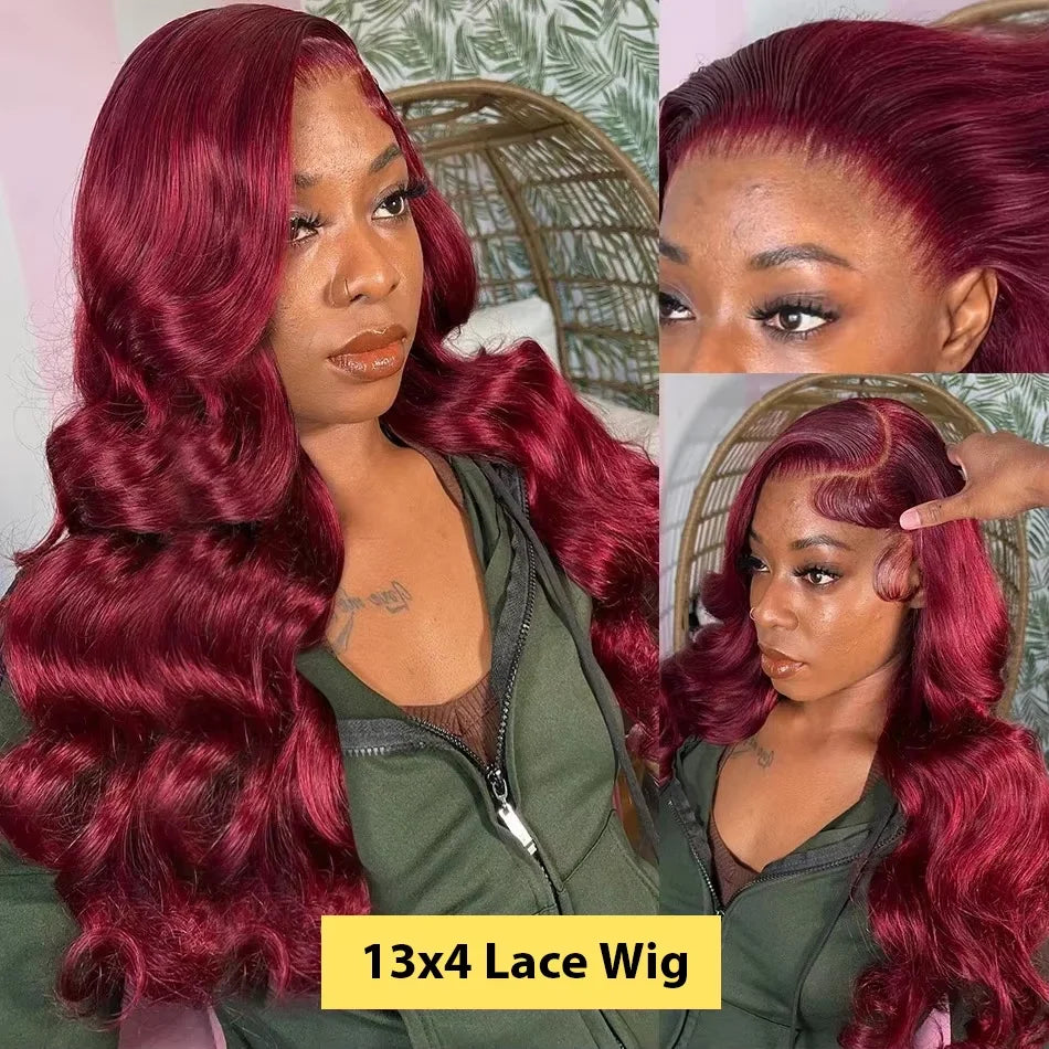250%Density Body Wave 99j Burgundy Red Wig Human Hair 13x4 13x6 HD Lace Frontal Wig Human Hair Pre Plucked Remy Real Human Hair
