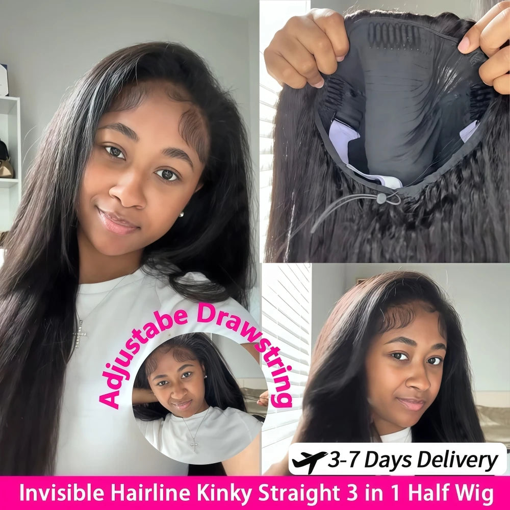 Kinky Straight Glueless Wigs Adjustable Drawstring 3 IN 1 Half Wigs Human Hair 250% Snug Fit No Leave Out Clip-in Yaki Wave Wigs