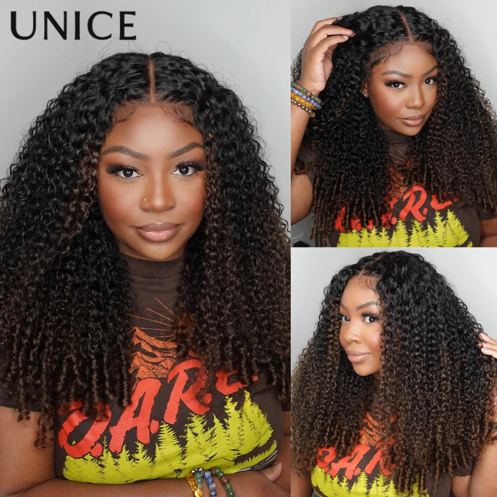 UNice 7x5 Bye Bye Slip™ Glueless Lace Chestnut Brown OmbBurmese Curly Human Hair Wigs With Finger Coil Ends & Drawstring