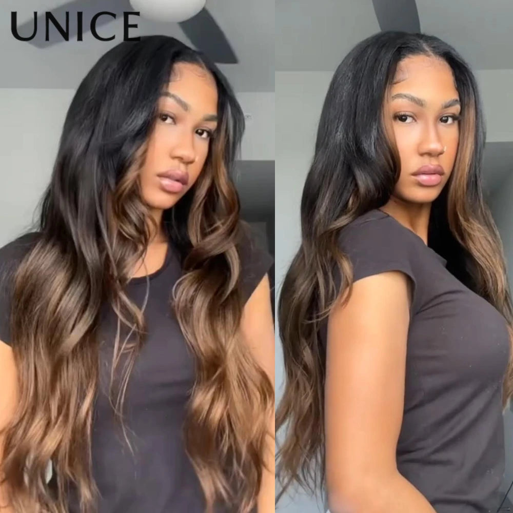 UNice Chestnut Brown Ombre Body Wave Bundles With Closure 100% Human Hair 3 Bundles With 4x4 Lace Closure Make 250% Density Wig