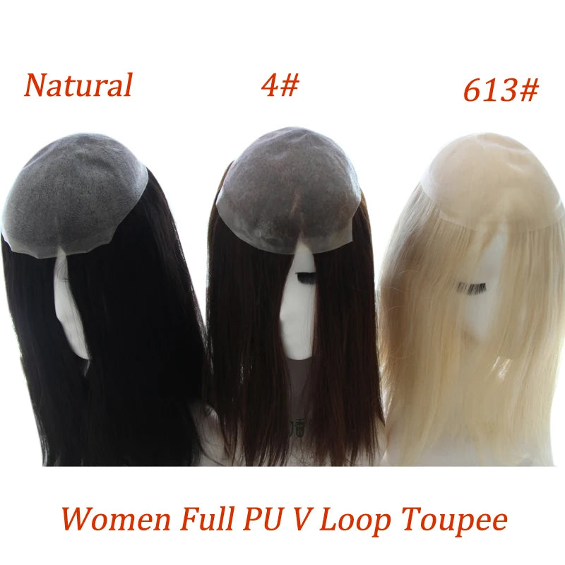 Women Toupee Full PU V Loop Injection Human Hair Wigs Indian Hair Extension Hairpiece System Brown Hair Topper Natural Color 613