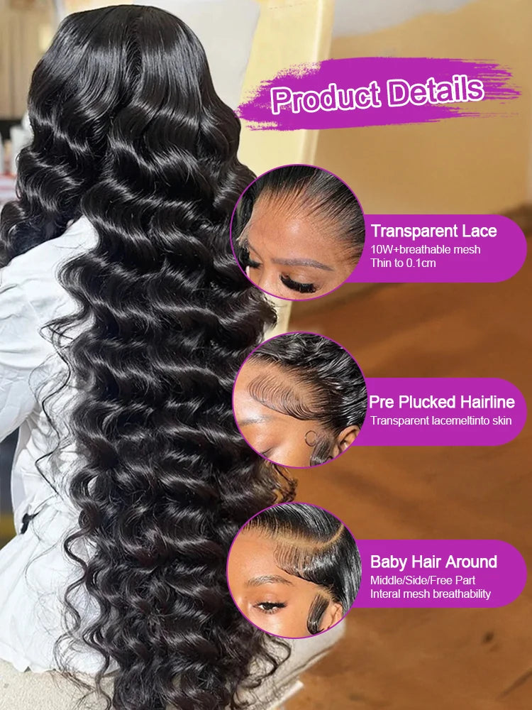 40 Inch HD Loose Deep Wave 13x6 Lace Front Human Hair Wigs Brazilian Curly Water Wavy 13x4 360 HD Transparent Lace For Women 250% High Density Pre Plucked Baby Hair 100% Natural Wave Human Hair Wigs