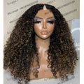 Easy Wear 200Density Highlight Golden Brown Human Hair Bayalage V Part Wigs Adjustable 1x4 Size Middle U Part Wigs Natural Real